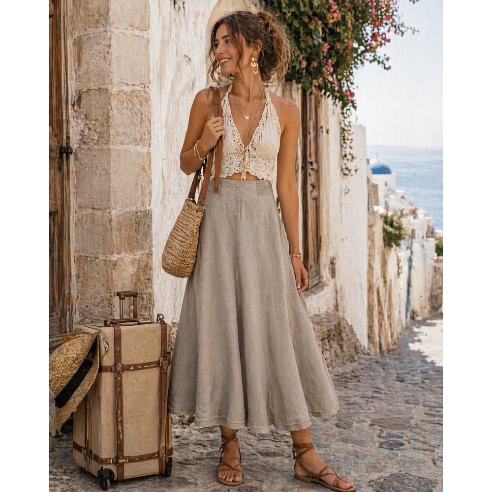 CAbi Linen Maxi Skirt in Taupe